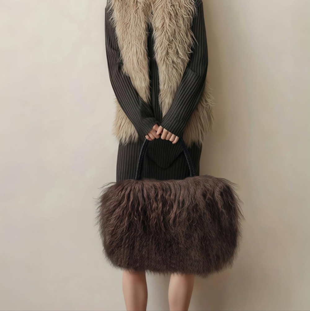 New Real Lamb Mongolian Flush Wool Fur With Genuine Leather Handles Handbag - Picture 2 of 7
